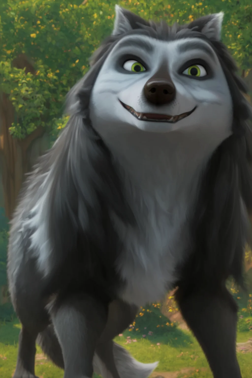 score_9, score_8_up, score_7_up, score_6_up, low angle, looking at viewer, smile, happy, feral, wolf, male, tone body, gray fur and black gray fur, green eyes, dark eyebrows, tail, solo, forest background <lora:Hutch_Alpha_and_Omega_XLPony:1>