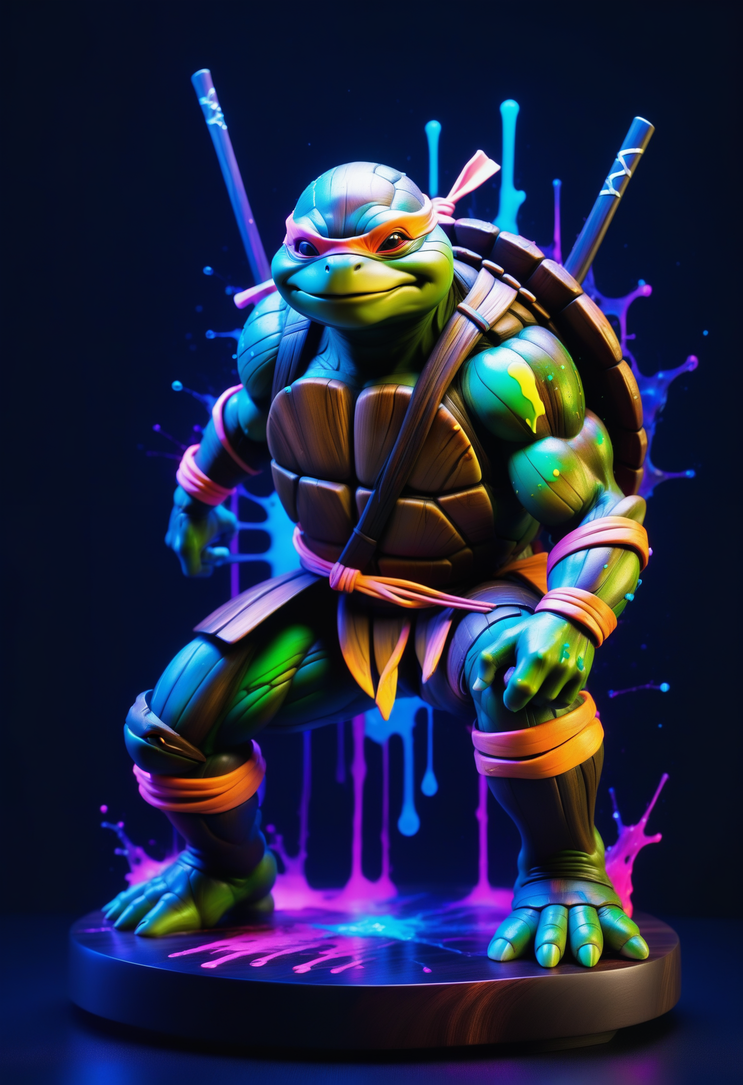 a ninja turtle made out of reij-bnysplsh <lora:ebonysplash-000005:1>,(((masterpiece))) , (((best quality))) , simple background, Simple and clean, Satisfying, Animecore, studio lighting, theatrical, holy, vibrant, atmosphere, luxurious, dynamic dramatic composition digital manipulation, flowing, highly decorated, intense, ambient atmosphere, stunning