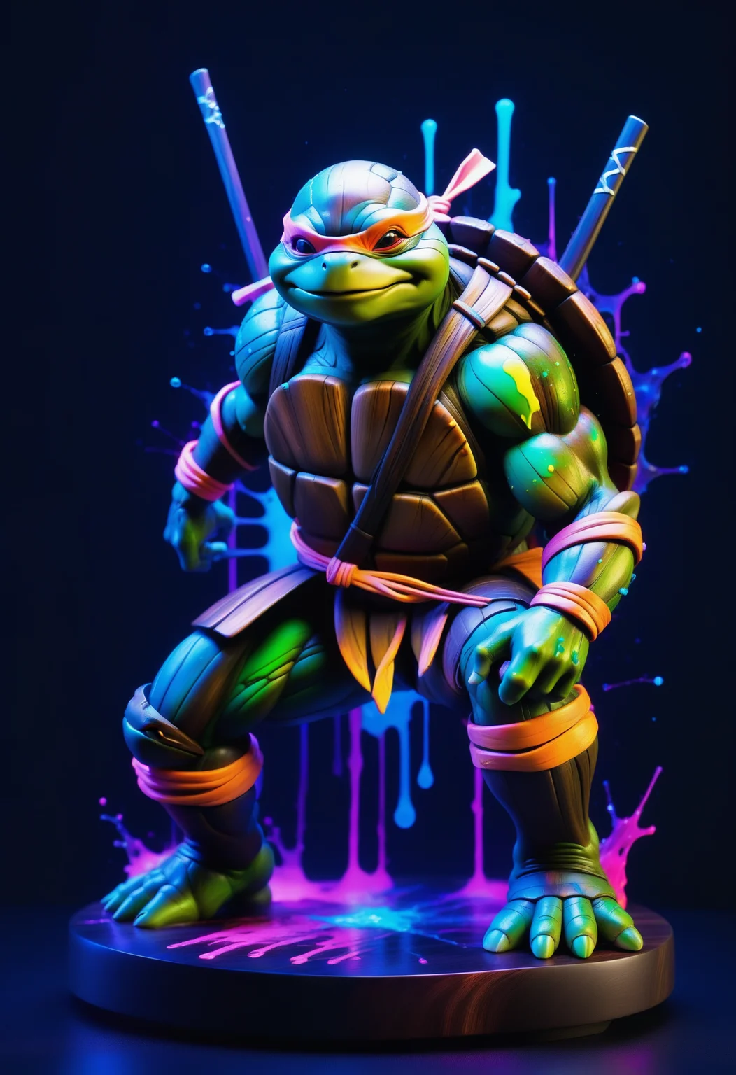 a ninja turtle made out of reij-bnysplsh <lora:ebonysplash-000005:1>,(((masterpiece))) , (((best quality))) , simple background, Simple and clean, Satisfying, Animecore, studio lighting, theatrical, holy, vibrant, atmosphere, luxurious, dynamic dramatic composition digital manipulation, flowing, highly decorated, intense, ambient atmosphere, stunning