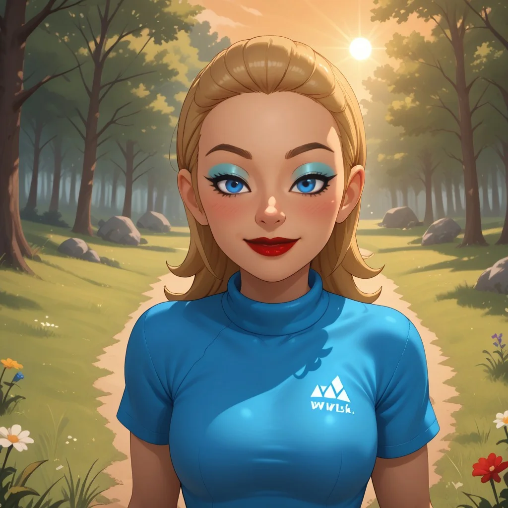 score_9, score_8, BREAK, solo, wii, mii, wii sports, 1girl, female mii, cute, attractive, blonde hair, blue eyes, brown eyebrows, makeup, blush, blue eyeshadow, red lips, lipstick, cyan clothing, white pants, shoes, breasts, nintendo mii, modern_mii, classic_mii, Aviva_(OC_Mii), sexy pose, self portrait, smile, outdoors, sunlight, shadows, evening lighting, natural lighting, forest, trees, grass, orange sky, sunset
