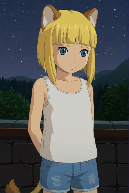 source_anime, drawyng style, solo, Evan Pettiwhisker, child male, skinny, blonde hair, cat ears, lion tail, sad, cowboy shot, white tank-top, denim shorts, outdoors, night sky, close view, <lora:Evan_Pettiwhisker:0.9>