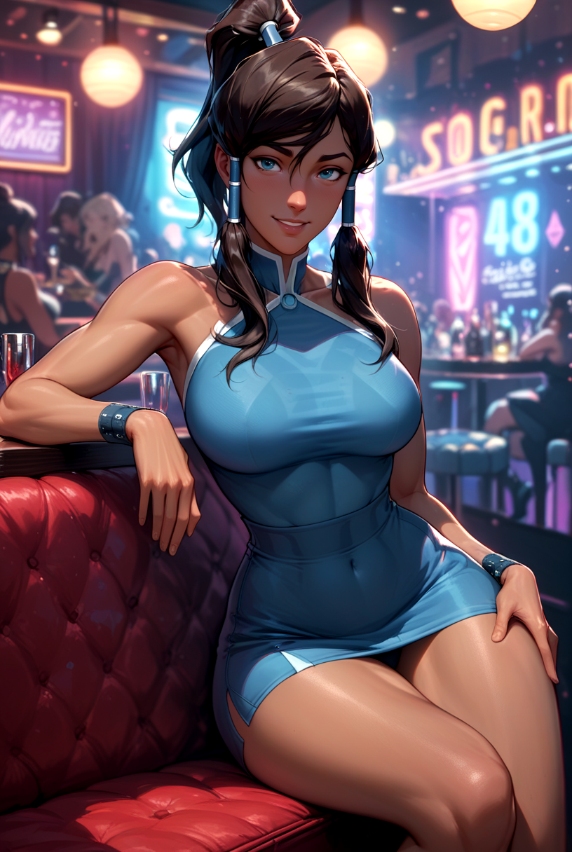 score_9, score_8_up, score_7_up, Korra, large breasts, narrow waist, wide hips, nightclub, slut outfit, sitting in a booth, bokeh, <lora:add-detail-xl:1>, <lora:princess_xl_v2:0.6>