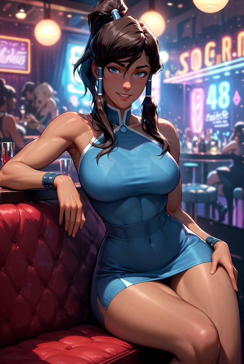 score_9, score_8_up, score_7_up, Korra, large breasts, narrow waist, wide hips, nightclub, slut outfit, sitting in a booth, bokeh, <lora:add-detail-xl:1>, <lora:princess_xl_v2:0.6>