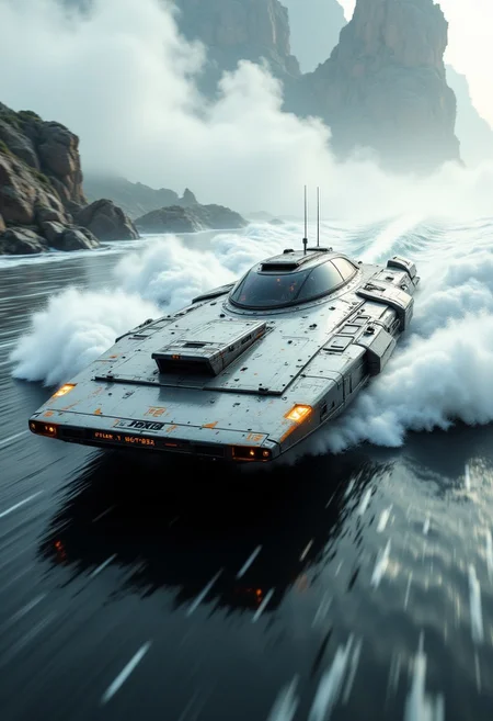 close up of a futuristic bulky square metal space ship passing by, with a lot of details and a big air inlet on the front, hovering over water, creating enormous splashes of and ripples in the water, the feel of speed is extreme, motion blur, white and black colors with some orange accents, high depth of field, dramatic light, cinematic scene