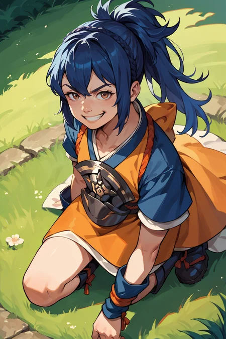 score_9, score_8_up, score_7_up, score_6_up, source_anime, 1girl, solo, <lora:feoboro-pdxl-nvwls-v1-000007:1> feobo, dark blue hair, ponytail, orange dress, blue sleeves, short sleeves, japanese armor, patterned pantyhose, boots, kneeling, one knee, looking at you, grin, from above, field