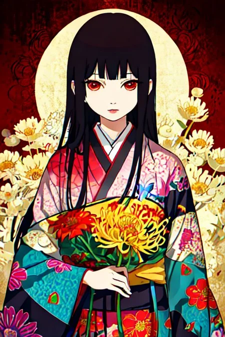 Enma Ai, 1girl, chrysanthemum, flower, solo, japanese clothes, long hair, kimono, yellow flower, butterfly, hair spread out, purple flower, sash, floral print, black hair, bug, red eyes, lying, obi, orange flower, bangs, on back, kikumon, spider lily, pink flower, colorful, red flower, blunt bangs, blue flower, looking at viewer, parted lips, butterfly print, print kimono, long sleeves, crane \(animal\), pale skin, wide sleeves, from above, <lora:Enma Ai:0.8>