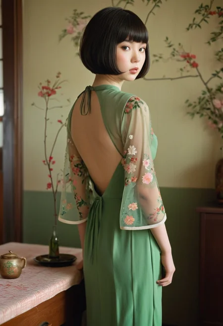 A retro Japanese-inspired portrait of a young woman with a stylish bob haircut, embodying a "Moga" from the Taisho era, wearing an open-back green dress with sheer floral-embroidered sleeves, standing in a vintage interior