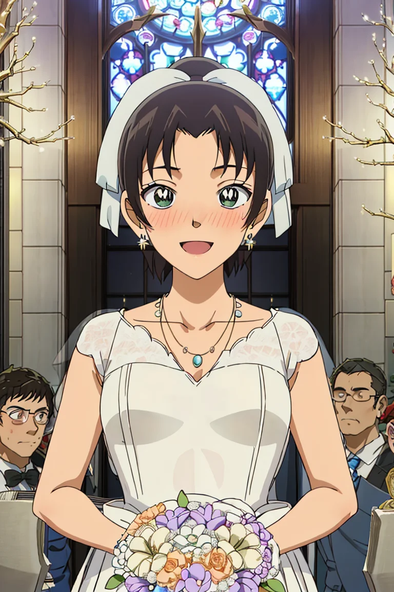 kazuhatv,1girl,solo,short hair,hair ribbon,ponytail,small breasts,wedding dress,nose blush,happy, wedding, jewelry, earrings, necklace, happy, church,
<lora:kazuhatv:0.8>