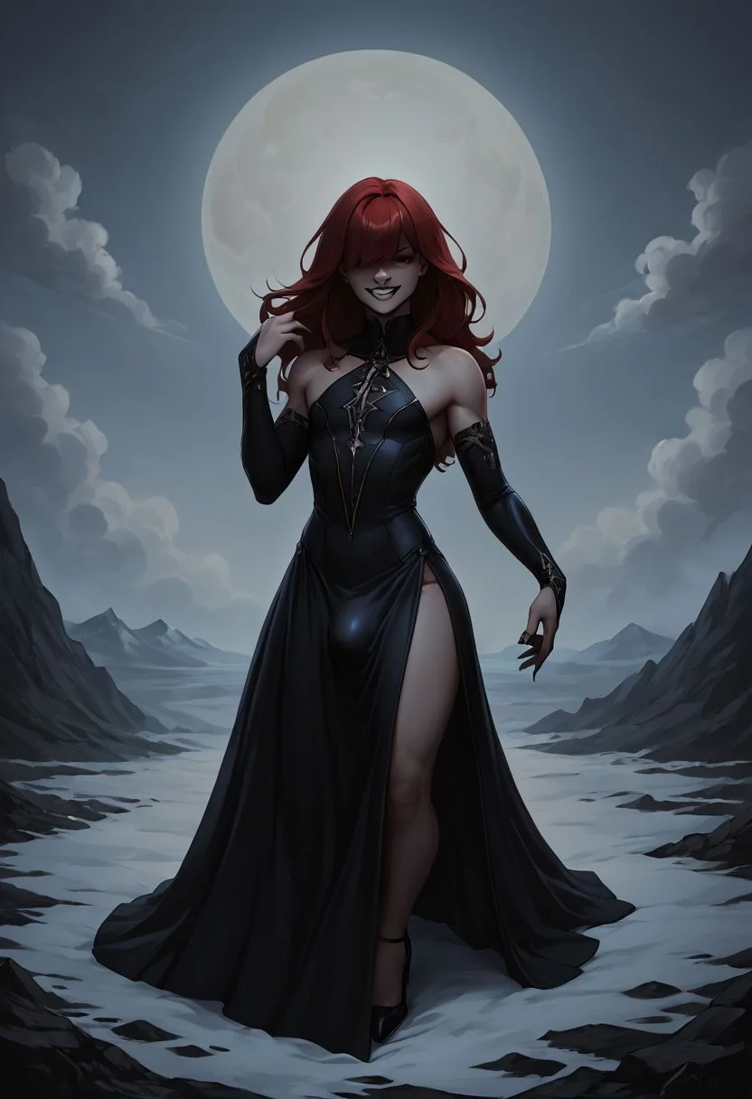 score_9, score_8_up 1femboy, adult, thick body, long straight red hair, bangs covering eyes, Little black dress, , strappy heels, hands extended out, large bulge in skirt, evil grin, intricate scenery, very detailed, amazing aestethics, , (full body, laying on back, front:1.1), upper body, looking at viewer, dark theme, low light,