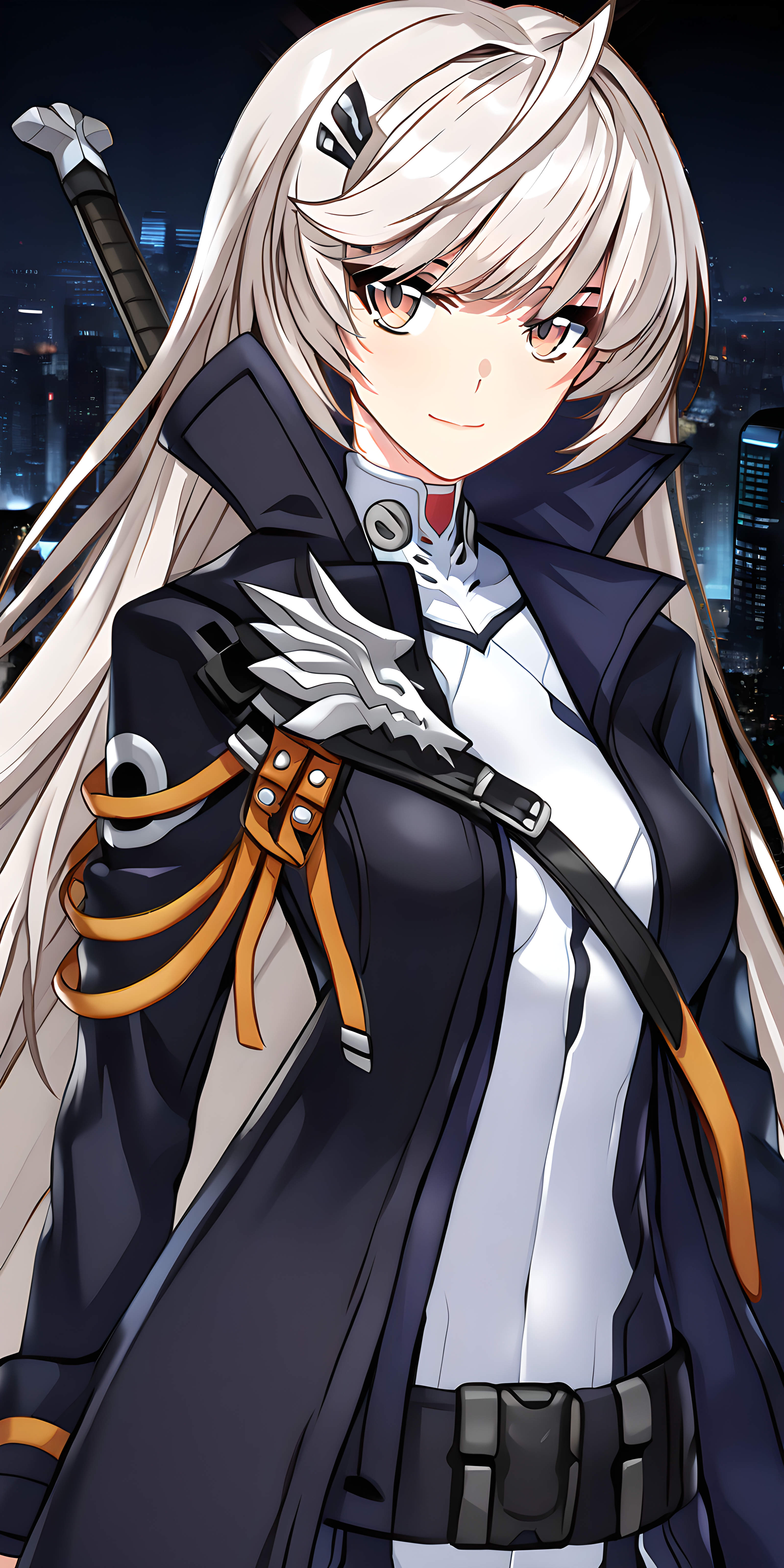 (masterpiece),(best quality),(ultra-detailed),(best illustration),(best shadow),(absurdres),(detailed background),(very aesthetic),hilde, fenrirdivision, 1girl, long hair, solo, bangs, looking at viewer, hair ornament, closed mouth, jacket, weapon, black background, night city background, tall buildings, smile, looking at viewer<lora:Hilde_-_CounterSide_SDXL_Animagine_XL_3.1:1>