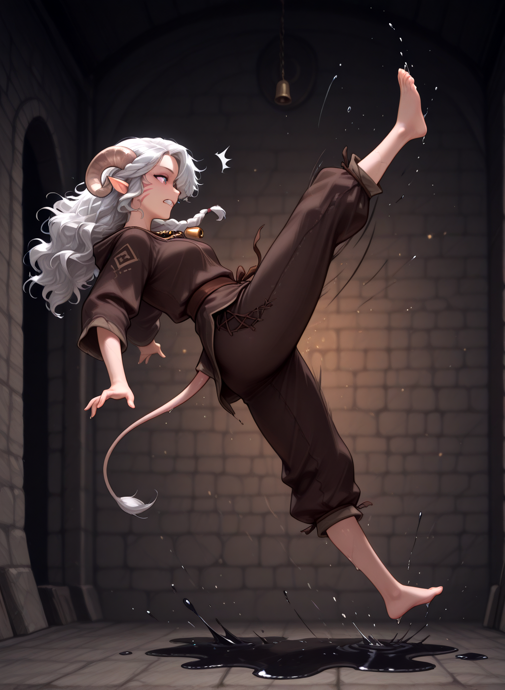 <lora:Grease_magic:1> grease:1.5, slipping_fall, solo,   clenched teeth,   dark grease,   fall,  slime on floor, dungeon ,  from side , full body , masterpiece, best quality,, masterpiece, best quality,  tiefling, pointy ears, tiefling, silver hair, ivory sheep horn,
<lora:Tiefling_bard_Diana_v2:0.9> red whisker_markings, silver long wavy hair, bell necklace, short pointy ears, purple eyes, tiefling_bard_diana:1.2,   hair over one eye, braid,  
cow tail:1.4,