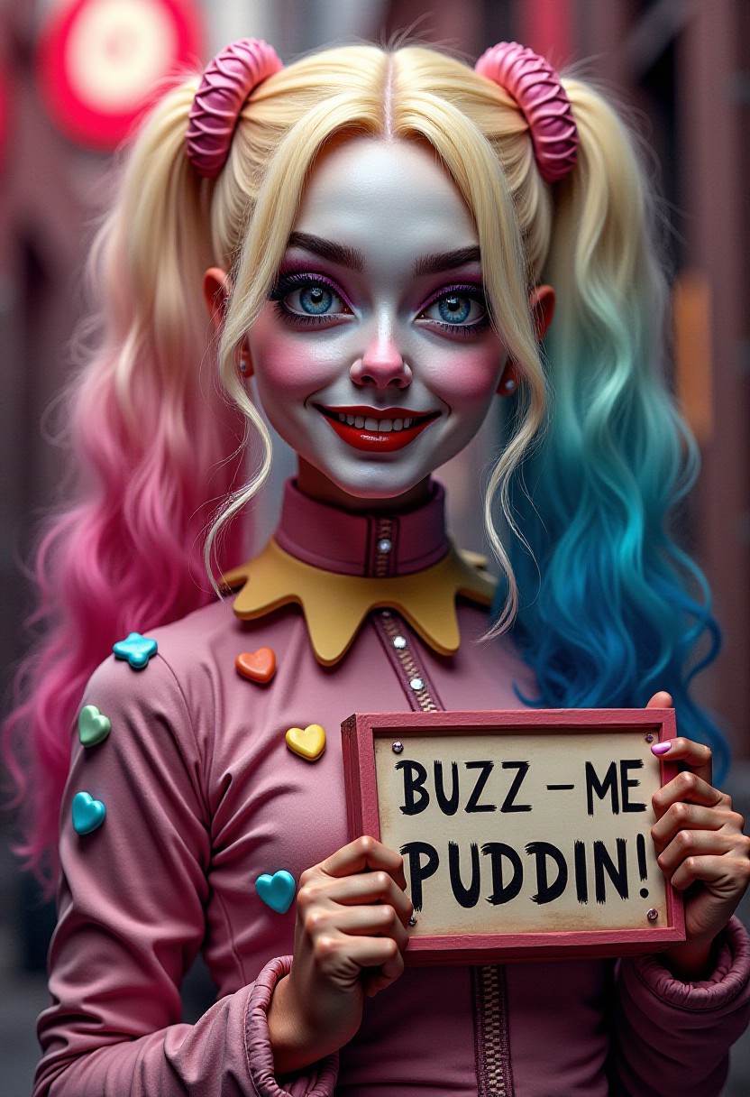 score_9, score_8_up, (masterpiece), best quality, PsychadelicChaos style, w0gf1l, eyes, perfect face, 1man  , Harley Quinn , colorfull  suit made  from candyhearts, holding sign that says:" BuZZ mE Puddin!" ,l, psychadelic, surreal, crazy
