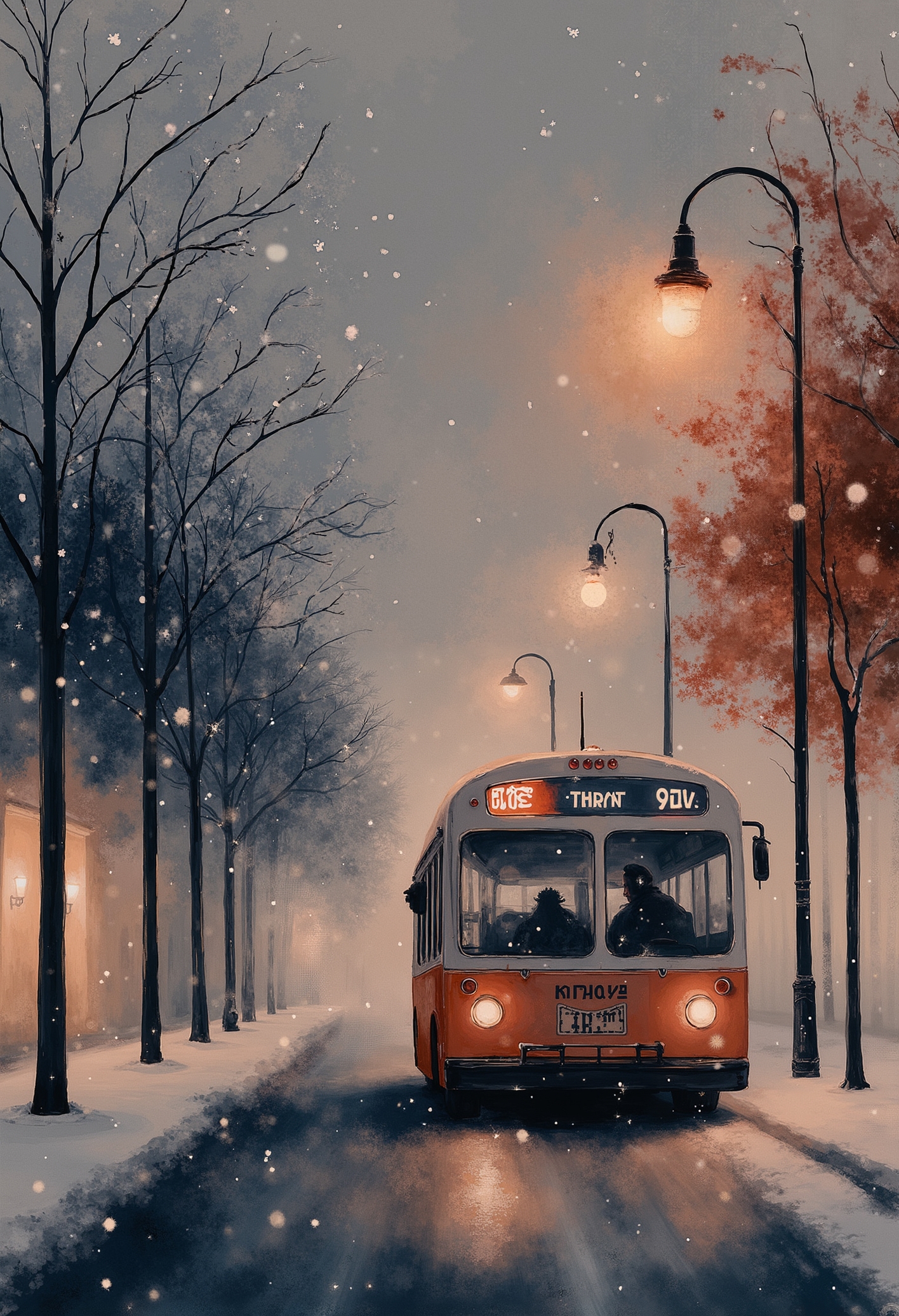 pst007, Create a flashback scene to 1955, depicting a cold winter night in Montgomery, Alabama, with a quiet street, a vintage bus, and snowfall. The atmosphere is somber and thoughtful, with smaller flurries falling gently, reflecting the historical significance of the scene. The vintage bus has unique, historical features such as the route displayed on the front, era-appropriate advertisements, and seating arrangements. Apply a realistic, detailed style, accurately depicting the vintage bus, environment, and weather conditions. The scene takes place on a cold winter night, with snowfall, ice, and frost covering the surroundings, enhancing the atmosphere.