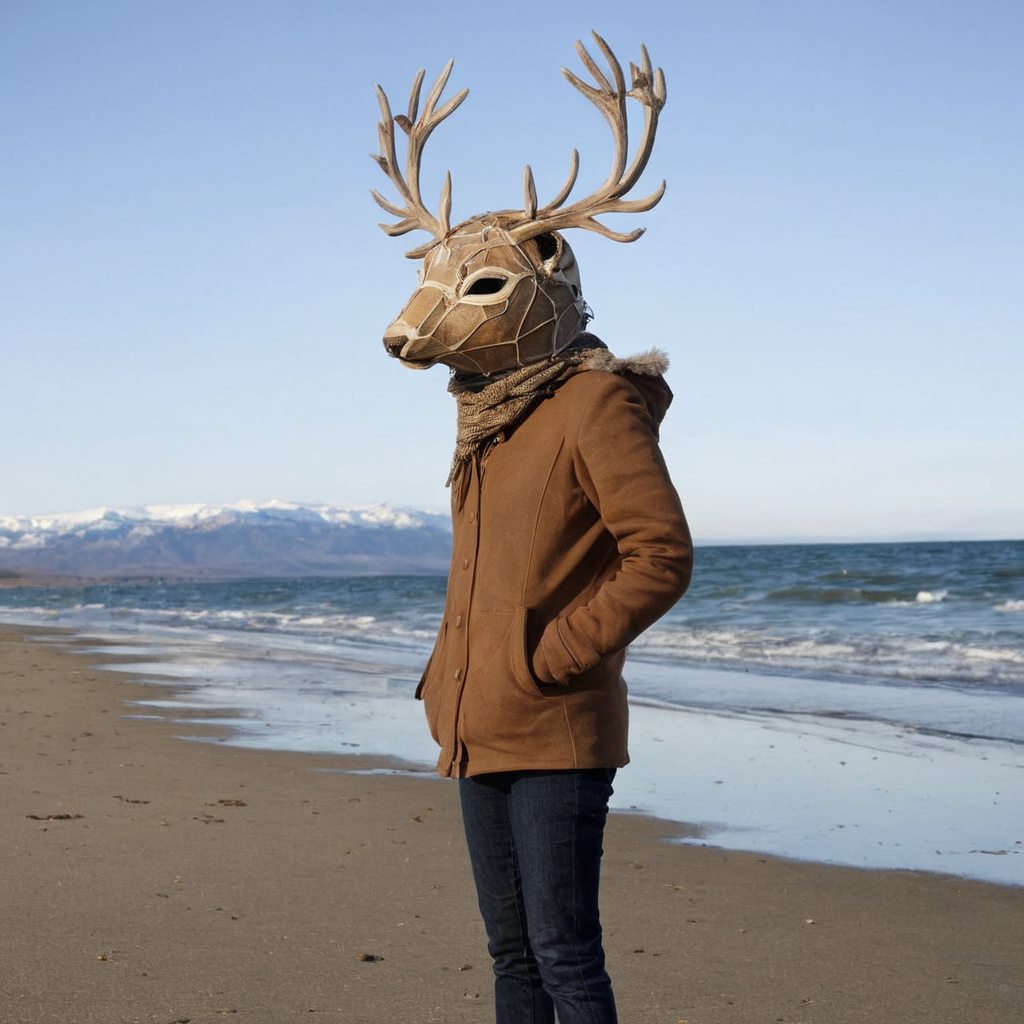 <lora:SDXL_Mask_Sa_May:1> mask,  a person with a deer mask standing on a beach
