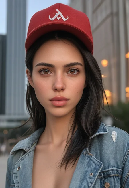 30yo woman posing for pic in front of tall building.
Small eyes. Brown eyes.
Wearing ripped Denim jacket red hat
no makeup. Clear skin.  realistic skin style
Long dark black slick back hair. No makeup. Dusk, Street light. Looking at camera POV. Slight smile, tilting head.. Tilt head. Hands in head, face, lips.
Medium Close Up shot. Bokeh. Bokeh light.