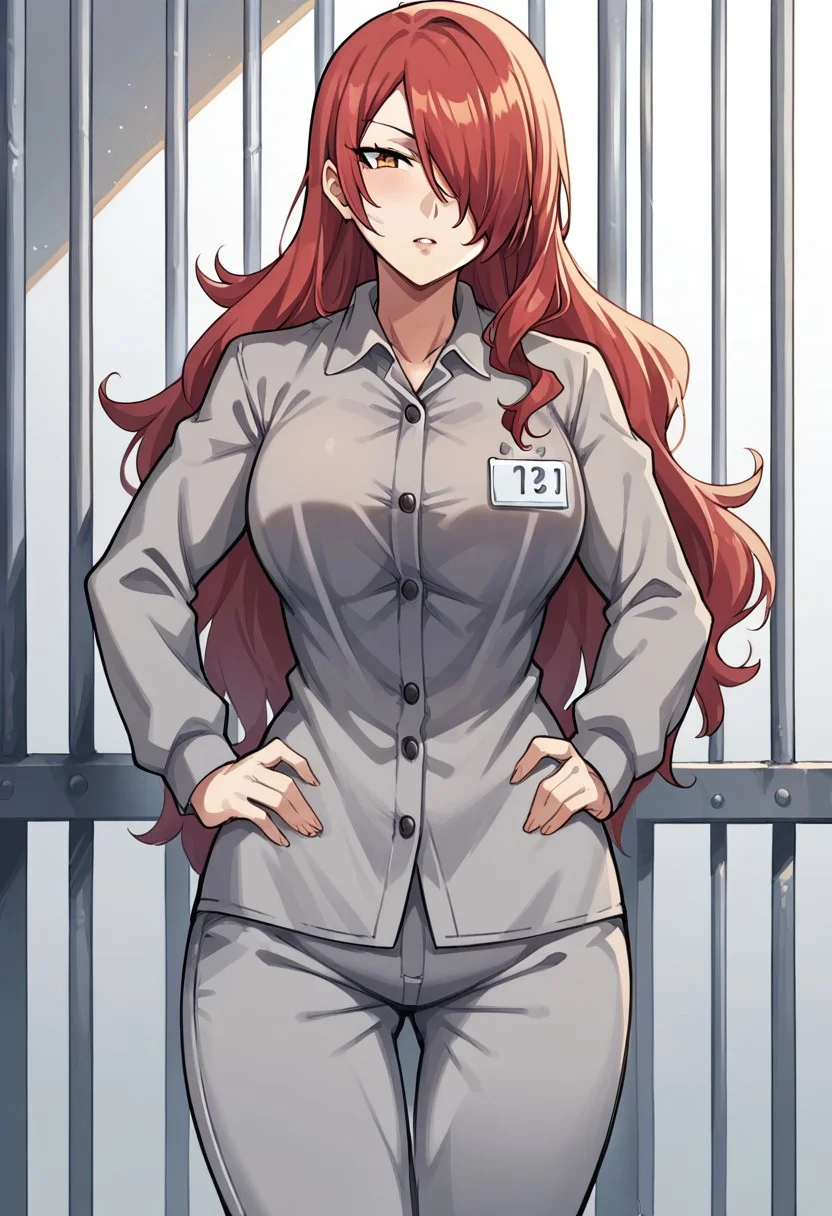 score_9, score_8_up, score_7_up, score_6_up, 1girl, solo, source_anime, BREAK 1girl, p3mitsuru, red hair, long hair, hair over one eye, Prison clothes, gray uniform, pants, name tag, curvy, looking at viewer, cowboy shot, older woman, hand on hip