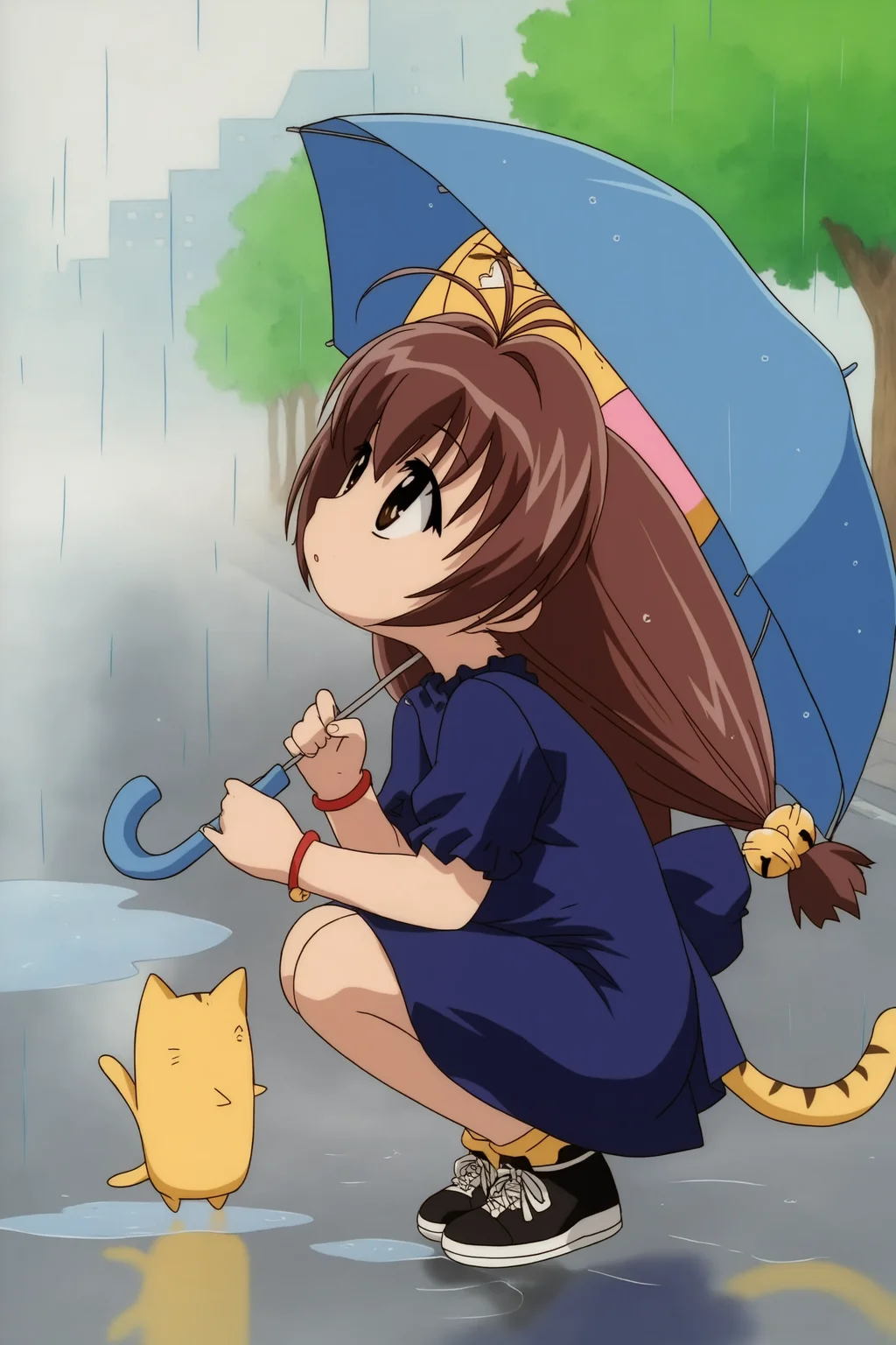 digicharatspecial, puchiko, 1girl, solo, long hair, brown hair, hair ornament, hat, animal ears, twintails, brown eyes, tail, cat ears, chibi, cat tail, bell, antenna hair, jingle bell, hair bell, animal hat, chibi only, dress, holding, jewelry, full body, short sleeves, outdoors, parted lips, shoes, day, black footwear, blurry, from side, bracelet, tree, blurry background, blue dress, depth of field, umbrella, squatting, looking up, sneakers, building, reflection, rain, holding umbrella, road, street, puddle, reflective water, reflective floor, blue umbrella, blurry, depth of field, 
(masterpiece, best quality, absurdres, highres), very awa, 