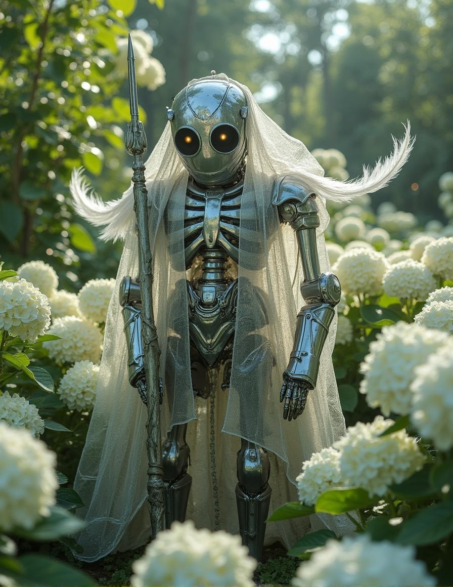 <lora:ocxdjm-flux1d-lora.safetensors:1> ocxdjm
In a serene garden filled with pure white hydrangea flowers, a magnificent silver robotic skeleton warrior stands tall. This warrior, clad in intricately detailed medieval armor, exudes a commanding presence. The armor, with its smooth, polished surface, reflects the gentle sunlight that filters through the blooming flowers, casting gentle shadows and creating a play of light and shadow.
The warrior’s skeletal structure is a marvel of engineering, with each joint and bone meticulously crafted to allow fluid, almost human-like movement. Oversized, expressive eyes, set deep in the sockets, glow with an otherworldly brightness, adding a touch of whimsy and spirit. The warrior holds a gnarly, feathered spear, the feathers fluttering slightly in the breeze, adding a dynamic element to the scene.
Draped over the warrior’s shoulders is a see-through veil, reminiscent of the Bride of Frankenstein, adding a mysterious and ethereal quality. The veil catches the light, creating soft, shimmering effects that contrast with the warrior’s metallic form. The vibrant, saturated colors of the hydrangeas and the warrior’s armor create a striking visual harmony, enhancing the playful and spirited mood of the scene.
The garden, with its lush, green foliage and delicate white flowers, provides a perfect backdrop, highlighting the warrior’s bold and dynamic presence. The entire scene is a blend of realism and whimsy, evoking a sense of adventure and intrigue.