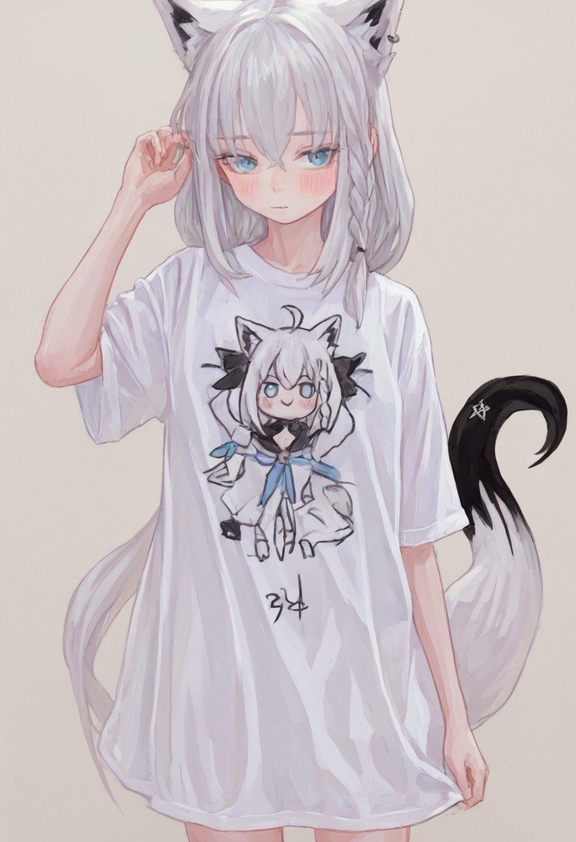 masterpiece, highres, absurdres, newest, very awa, painting \(medium\), (flat color:1.1), simple background,   recent, very awa, masterpiece, score 9, score 8 up, score 7 up,  fox girl, shirakami fubuki, white hair, long hair, fox tail, fox ears, oversize t-shirt, white t-shirt, clean t-shirt blush <lora:illustrious_noobai_epsilon_pred_1_best_quality_v1:0.4>, <lora:FKEY_WAI>,