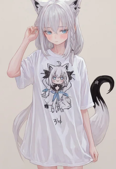 masterpiece, highres, absurdres, newest, very awa, painting \(medium\), (flat color:1.1), simple background, recent, very awa, masterpiece, score 9, score 8 up, score 7 up, fox girl, shirakami fubuki, white hair, long hair, fox tail, fox ears, oversize t-shirt, white t-shirt, clean t-shirt blush <lora:illustrious_noobai_epsilon_pred_1_best_quality_v1:0.4>, <lora:FKEY_WAI>,