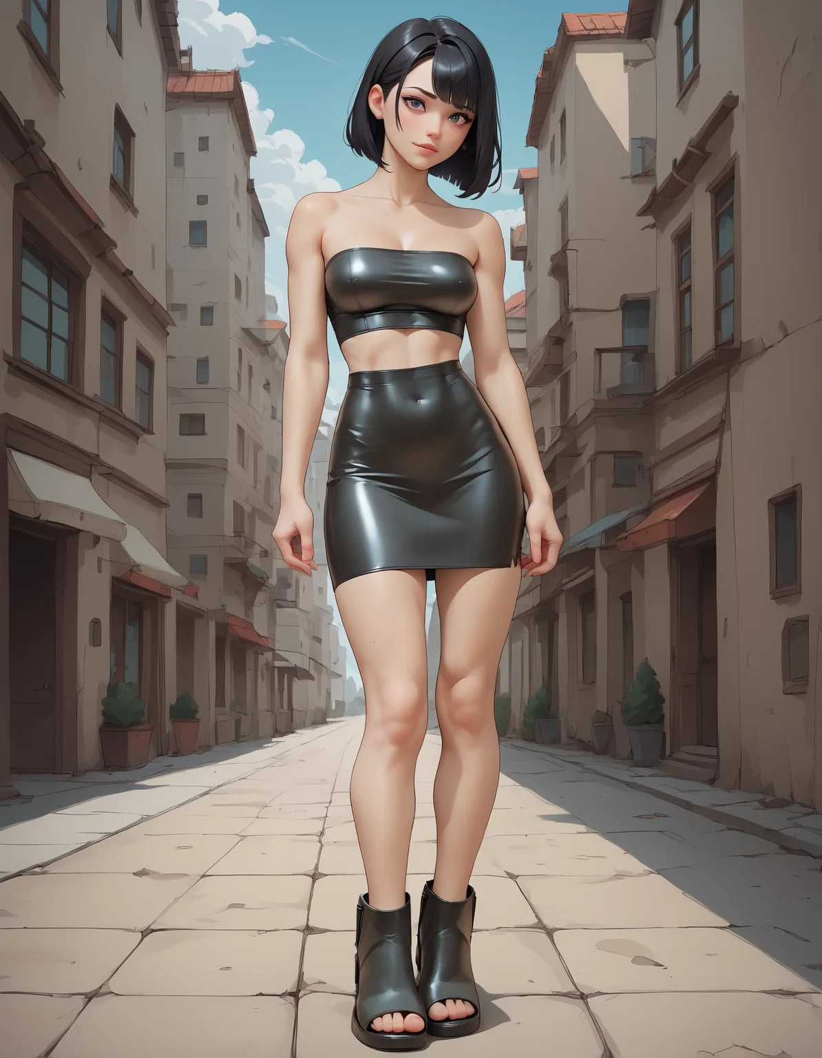 score_9, score_8_up, score_7_up, score_6_up, score_5_up, score_4_up, source_anime,
1girl,
standing, 
latex skirt, latex tubetop,
black hair,
(ml54 sandals), 
embedding:zPDXL2 ,