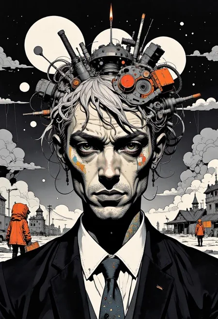 Black and white, vibrant accents, 3D abstract mindscape, introspective portrait of a psychologist, photography inspired by the works of Rene Magritte, thought-provoking and immersive, exploring the inner workings of the human mind, inspired by the universe of David Lynch <lora:Mangaka V2:1.0> <lora:schnell_v1.0:1.0><lora:798043501276247671:0>