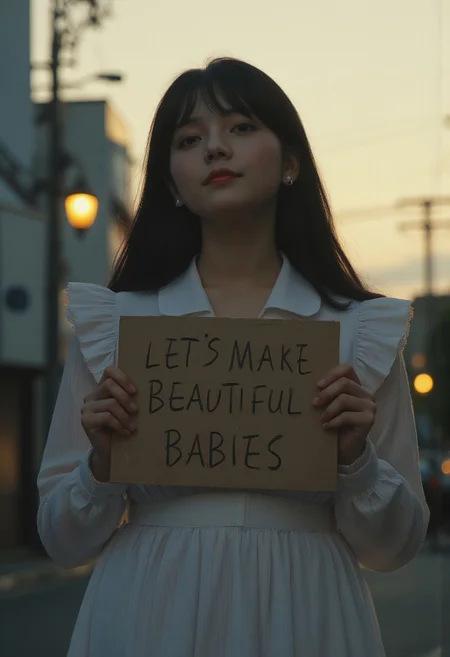A natural, amateur-style cinematic shot set in a quiet Tokyo neighborhood during golden hour. A beautiful busty Japanese woman stands under the soft glow of street lanterns and fading sunlight, her long, unstyled black hair casually falling over her shoulders. She wears a slightly worn maid dress that subtly accentuates her curvy figure in an understated way, with an inviting, honest smile on her face. In her hands, she holds a hand-written sign in clear, simple script reading "LET'S MAKE BEAUTIFUL BABIES". The scene is captured with a 35mm lens at f/1.8, producing a shallow depth of field that gently blurs the background, highlighting her natural charm. The warm, ambient light plays across her features, creating soft shadows and a realistic, textured look reminiscent of an unpolished home movie. The overall atmosphere is intimate, genuine, and inviting, capturing a spontaneous, unposed moment with a slight grain effect to enhance the authenticity of the film-like quality.