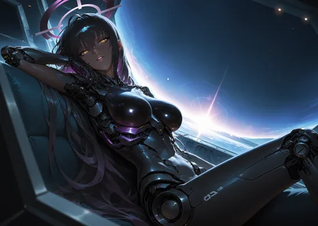 cyborg 1girl, angular, science fiction, futuristic, scenery, (karin \(blue archive\):1.0), sitting in space station, parted lips, mechanical torso, looking at viewer, black hair, yellow eyes, hair between eyes, dark skin, long hair, purple halo, creative angle, head tilt, (dutch angle, dynamic pose:0.9) BREAK masterpiece, best quality, absurdres, HDR, 8K, high contrast, film grain, cinematic lighting, realistic, depth of field, bokeh, neon trim, newest, aidmafluxpro1.1 <lora:- iLL - the_edgy_mech_V3.0:0.4> <lora:aidmaFLuxPro1.1-IL-v0.3:0.2> <lora:Hyper Helmets SDXL v1.0:0.5> <lora:CyborgMechExosuit_v1.5:0.7> <lora:ck-Sci-Fi-Concepts-IL-000015:0.15>âââ