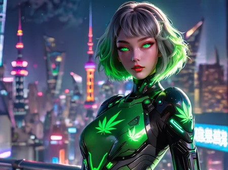 masterpiece,high quality, 420futurism,
 <lora:420FuturismXL:0.8> 
hemp clothing, 1girl, solo, female focus,green glow hair,green glow eyes, looking at viewer, bodysuit, city lights, parted lips