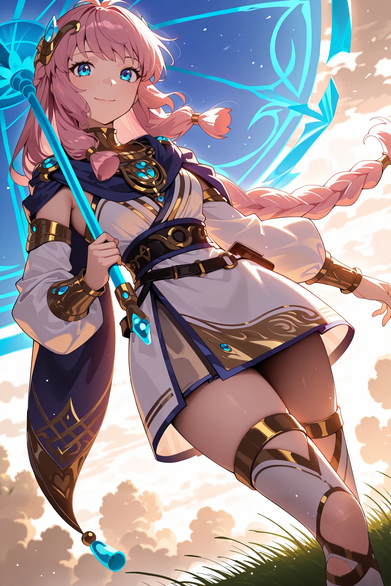 Masterpiece, best quality, ultra-detailed, absurdres, newest, anime style, cinematic lighting, dramatic shot,  
1girl, solo, kaguracloud, long pink hair, bangs, twin braids, sidelocks, blue eyes, hair ornament, blue cape, white ornate dress, gold trim, detached sleeves, toeless legwear,holding blue umbrella, cowboy shot, thigh focus, dutch angle, looking at viewer, smile, high grass,sky, surrounded by soft white clouds, golden sunlight shining through, ethereal glow, wind-blown hair and cape, high contrast lighting, cinematic depth of field, ultra sharp details, painterly aesthetic  
