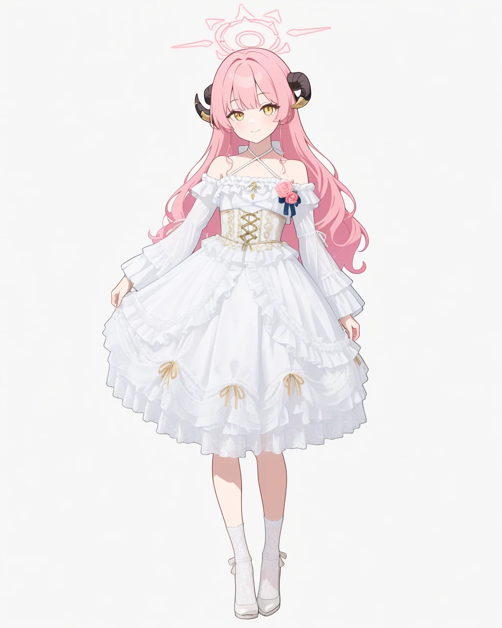 Positive: Masterpiece, best quality, amazing quality, very aesthetic, high resolution, ultra-detailed, absurdres,
1girl,solo,white_background,flat color,
zzAru, yellow eyes, pink hair, long hair, demon horns, halo,
white off-shoulder lace ruffled dress,
white dress,white off-shoulder,lace,frills,
criss-cross halter,
corsage,jewelry,
long sleeves,detached sleeves,
white pumps,white_legwear,
standing,full_body,