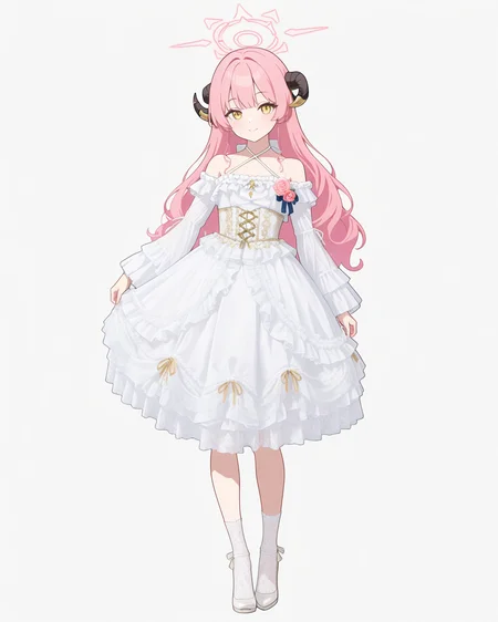 Positive: Masterpiece, best quality, amazing quality, very aesthetic, high resolution, ultra-detailed, absurdres,
1girl,solo,white_background,flat color,
zzAru, yellow eyes, pink hair, long hair, demon horns, halo,
white off-shoulder lace ruffled dress,
white dress,white off-shoulder,lace,frills,
criss-cross halter,
corsage,jewelry,
long sleeves,detached sleeves,
white pumps,white_legwear,
standing,full_body,