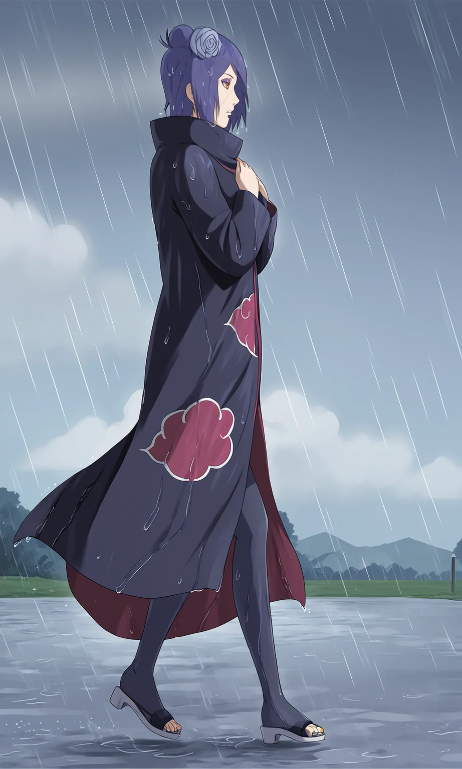 from side, hands on own chest, walking,
k0nan, 1girl, solo,orange eyes, purple eyeshadow, lip piercing,
single hair bun, short hair, hair flower,cloak,
long sleeves, high collar, cloud print, black pantyhose, sandals,
rain, wind, clouds, wet,
<lora:Naruto_Konan_PXL-000012:1>