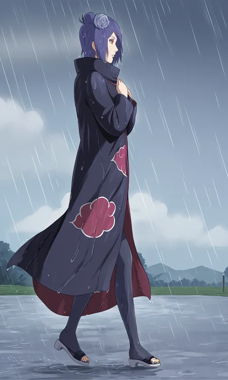 from side, hands on own chest, walking,
k0nan, 1girl, solo,orange eyes, purple eyeshadow, lip piercing,
single hair bun, short hair, hair flower,cloak,
long sleeves, high collar, cloud print, black pantyhose, sandals,
rain, wind, clouds, wet,
<lora:Naruto_Konan_PXL-000012:1>