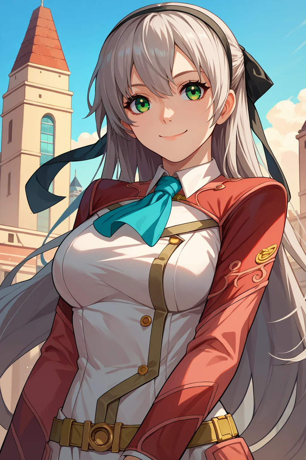 score_9, score_8_up, score_7_up, score_6_up, source_anime, 1girl, solo, <lora:elie-pdxl-nvwls-v2:1> zeroelie, grey hair, long hair, green eyes, black hairband, hair ribbon, black ribbon, red shrug top, blue ascot, white dress, yellow belt, skirt, black pantyhose, blue sky, city, upper body, looking at you, smile, large breasts, portrait, happy, closed mouth