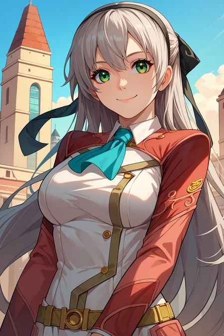 score_9, score_8_up, score_7_up, score_6_up, source_anime, 1girl, solo, <lora:elie-pdxl-nvwls-v2:1> zeroelie, grey hair, long hair, green eyes, black hairband, hair ribbon, black ribbon, red shrug top, blue ascot, white dress, yellow belt, skirt, black pantyhose, blue sky, city, upper body, looking at you, smile, large breasts, portrait, happy, closed mouth