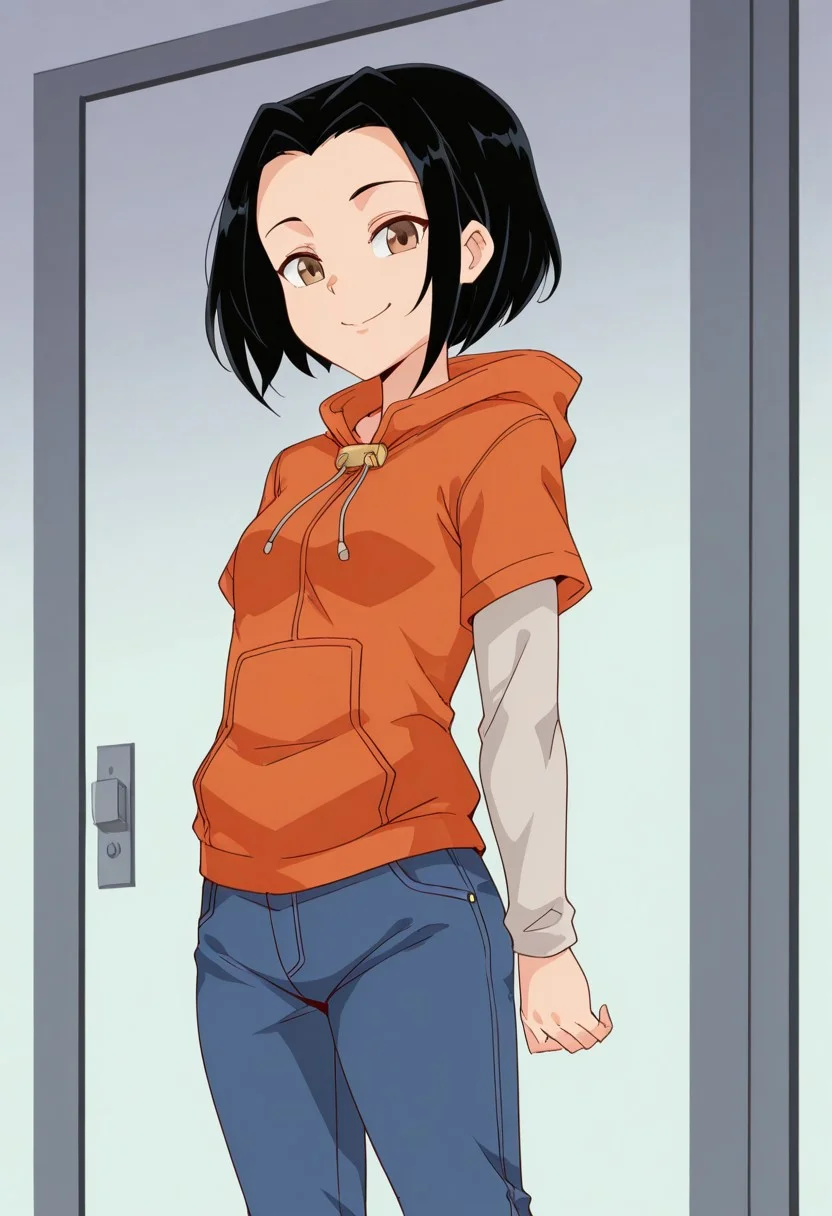 jade_jca, 1girl, black hair, short hair, brown eyes, hoodie, layered sleeves, jeans
1 girl, cowboy shot, smile
looking at viewer
nyuu_style