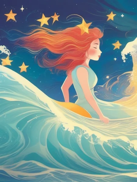 A woman with a star on her head is riding a wave., <lora:kids:1> illuillustration,