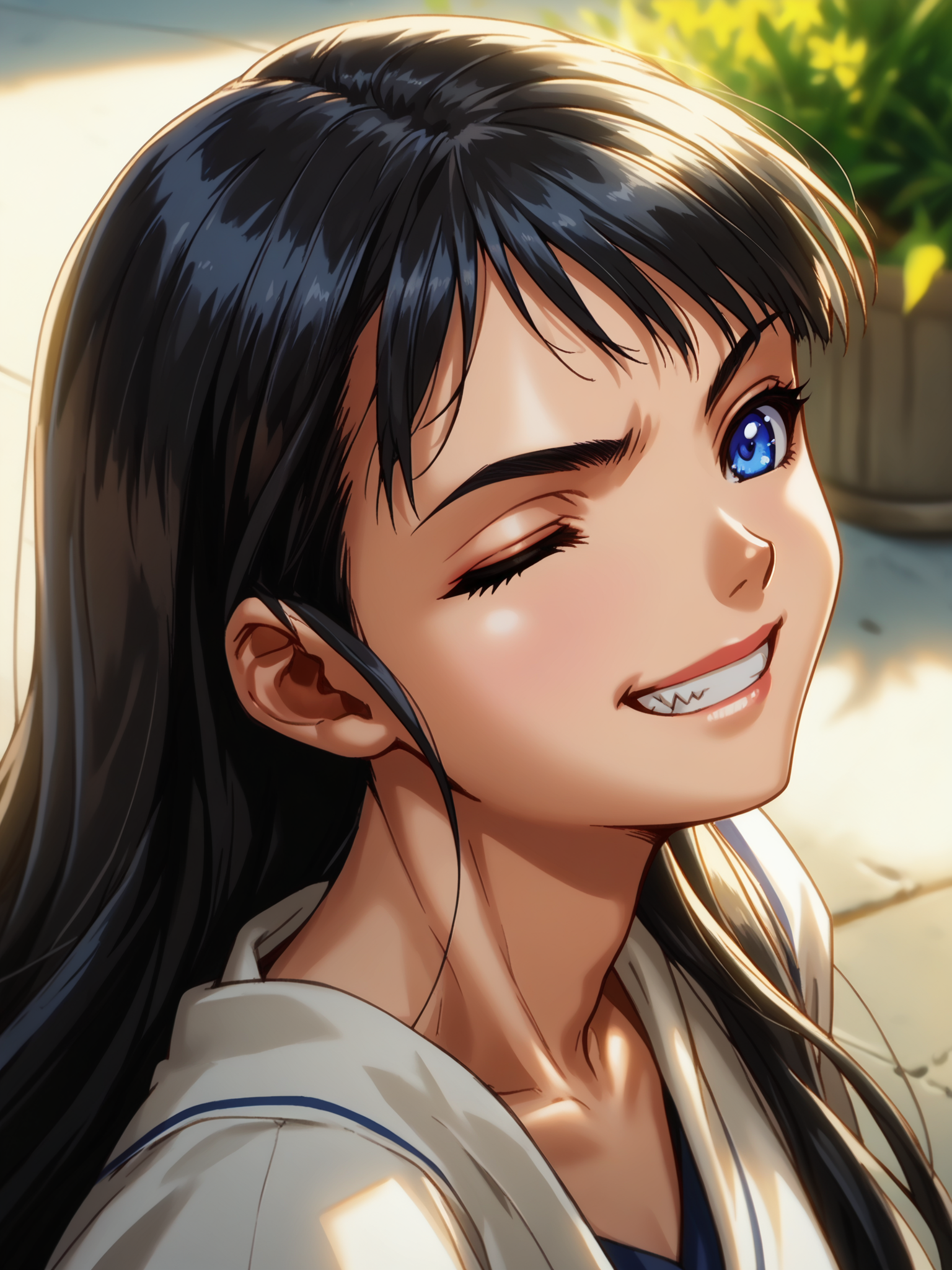 (upper body, solo focus:1.2) <lora:happy_tentacle-asa-v0.3:1>, ht_asa, black hair, blue eyes, (petite:1.2), <lora:Shed_The_Skin's StS_age_slider_v1_initial_release:-1.5> ( :1.1) (eyeliner:1.2), lipstick ( , , (wince :1.2) , grin , (looking at another:1.2) :1.2) outdoors, vegetation, (overgrown :1.1), , (dawn :0.6), (blue sky:0.6) , ((sidelighting:0.5), (light rays, light particles:0.5) :0.5), , ( :0.9) (( from above :1.2) :0.8) score_9, score_8_up, score_7_up, score_6_up, score_5_up, score_4_up, ( [(realistic, photorealistic:1.3):(realistic:1.2):14] [(3d:1.2)::12] [:anime coloring:10] :1) <lora:LUUNA's Lunas-NijiJourney-SDXL-B2:0.35>, nijijourney <lora:prgfrg23's Counterfeit-V3.0 Style SDXL_LoRA_Pony Diffusion V6 XL:0.6> <lora:mfcg's mfcgXL:0.12> <lora:reweik's gyokai(himehajime)_PonyXL_style_v01:0.14>