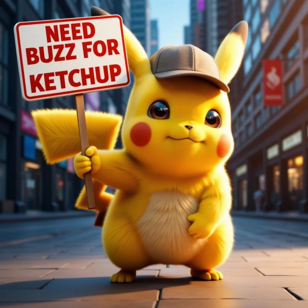 realistic photo of pikachu, holding up a sign that says "Need buzz for Ketchup"