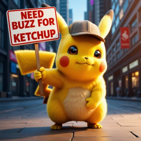realistic photo of pikachu, holding up a sign that says "Need buzz for Ketchup"