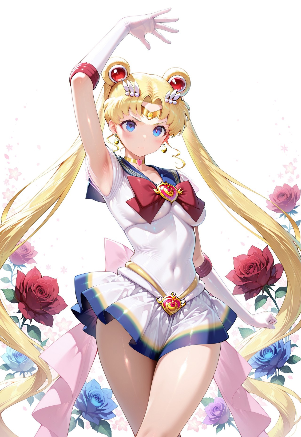 masterpiece,extremely detailed,best quality,amazing quality,newest,absurdres,highres, super detailed skin,1 girl, supersailormoon, twintails, circlet, earrings, heartchoker, white back bow ,gloves, miniskirt,, one arm up, graceful dancing posture,  crossed legs standing up, proud and defiant face, serious_expression, floral print background