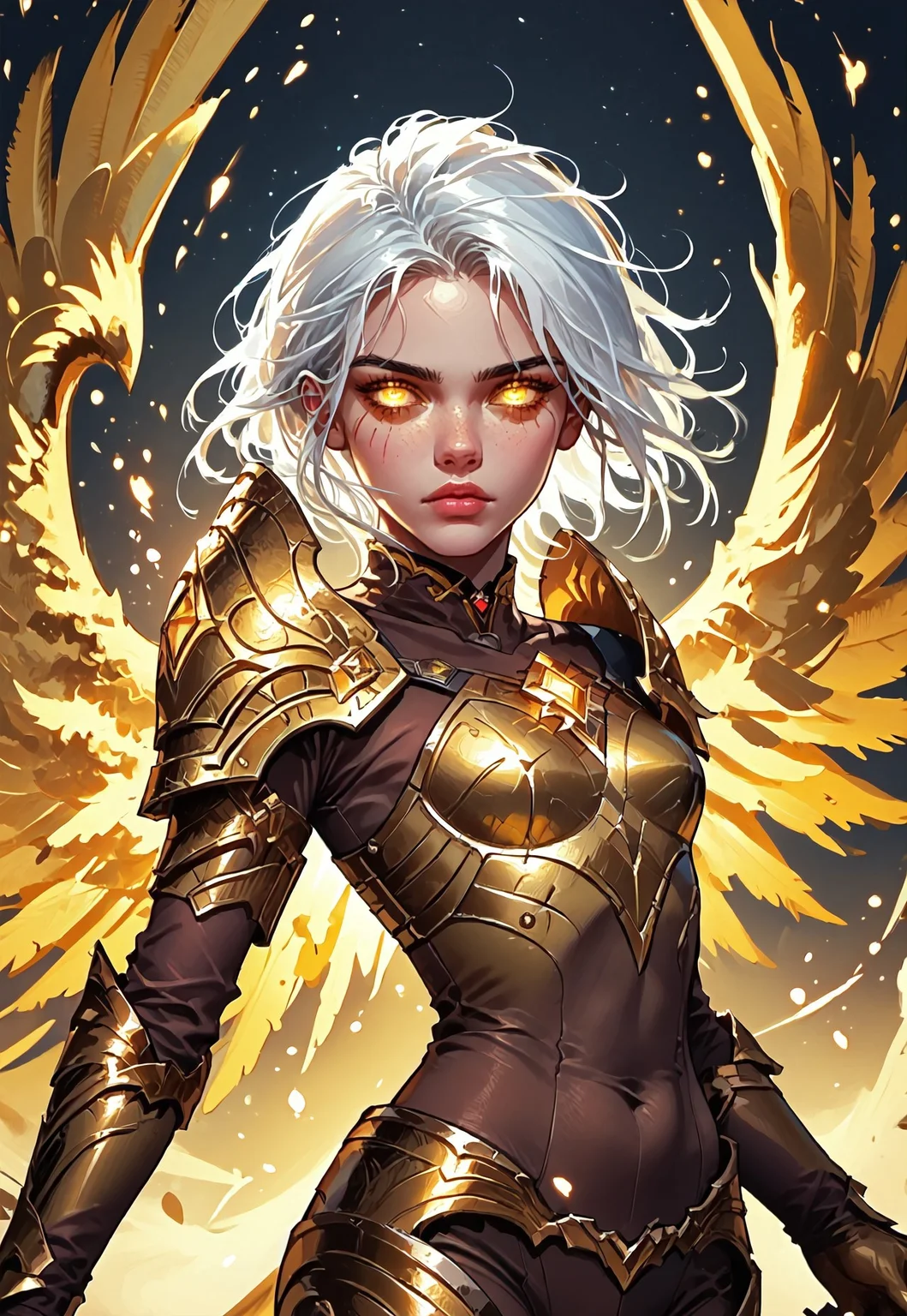 ((zPDXL3)), ((masterpiece,best quality, highly detailed)), ((score_9)), score_8_up, score_7_up, score_6_up, score_5_up, score_4_up, Digital painting style, brushstrokes, ((EnhanceImage)), solo, 1girl, KayleLoLXL, glowing eyes, yellow eyes, white hair, short hair, long hair strand, medium breasts, yellow wings, gold armor, gold shoulder armor, arm armor, gold gloves, gold breastplate, brown bodysuit, gold leg armor, gold armored boots,
Expressiveh, 30yo, adult lustful confident woman, petite, slender body, perky saggy natural breasts, full lips, bangs, sidelocks, straps,
chinese magical sorceress, animated, swirling magic, wisps of magic, dancing pose, tight squeezed outfit, magical accessories, evoking motion, conveying motion, dynamic splash art,
<lora:PainterlyFantasiaPDXL:0.6>,