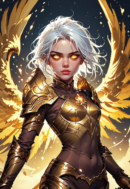 ((zPDXL3)), ((masterpiece,best quality, highly detailed)), ((score_9)), score_8_up, score_7_up, score_6_up, score_5_up, score_4_up, Digital painting style, brushstrokes, ((EnhanceImage)), solo, 1girl, KayleLoLXL, glowing eyes, yellow eyes, white hair, short hair, long hair strand, medium breasts, yellow wings, gold armor, gold shoulder armor, arm armor, gold gloves, gold breastplate, brown bodysuit, gold leg armor, gold armored boots,
Expressiveh, 30yo, adult lustful confident woman, petite, slender body, perky saggy natural breasts, full lips, bangs, sidelocks, straps,
chinese magical sorceress, animated, swirling magic, wisps of magic, dancing pose, tight squeezed outfit, magical accessories, evoking motion, conveying motion, dynamic splash art,
<lora:PainterlyFantasiaPDXL:0.6>,