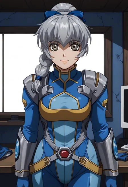 score_9, score_8_up, score_7_up, 1girl, solo, grey hair, grey eyes, braided ponytail, srwbluepilotsuit, blue bodysuit, pauldrons, wrist guards, metal belt, grey armor, helmet removed, no headwear, looking at viewer, slight smile, cowboy shot, indoors, metal wall, metal walls, monitor,
