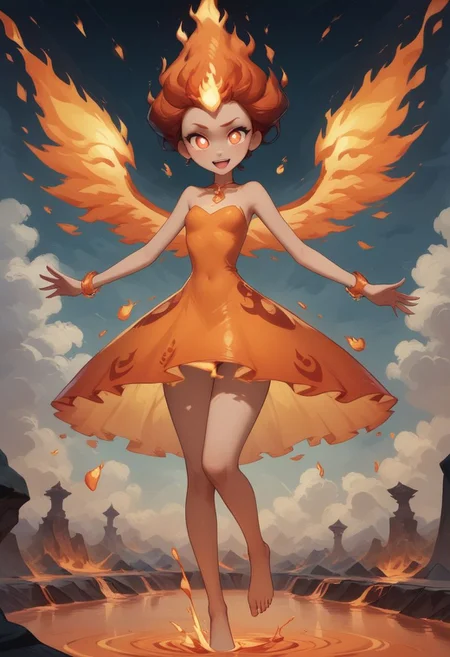 score_9, score_8_up, score_7_up, 1girl, fire sylph, pool of lava, lava rivers, magma, lava bubbles, dripping lava, body made of flame, skin on fire, floating, slim, wearing flaming sundress, lava dripping from body, arms out to sides, feet together, glowing eyes, sensual, radiating fire energy, flames covering body