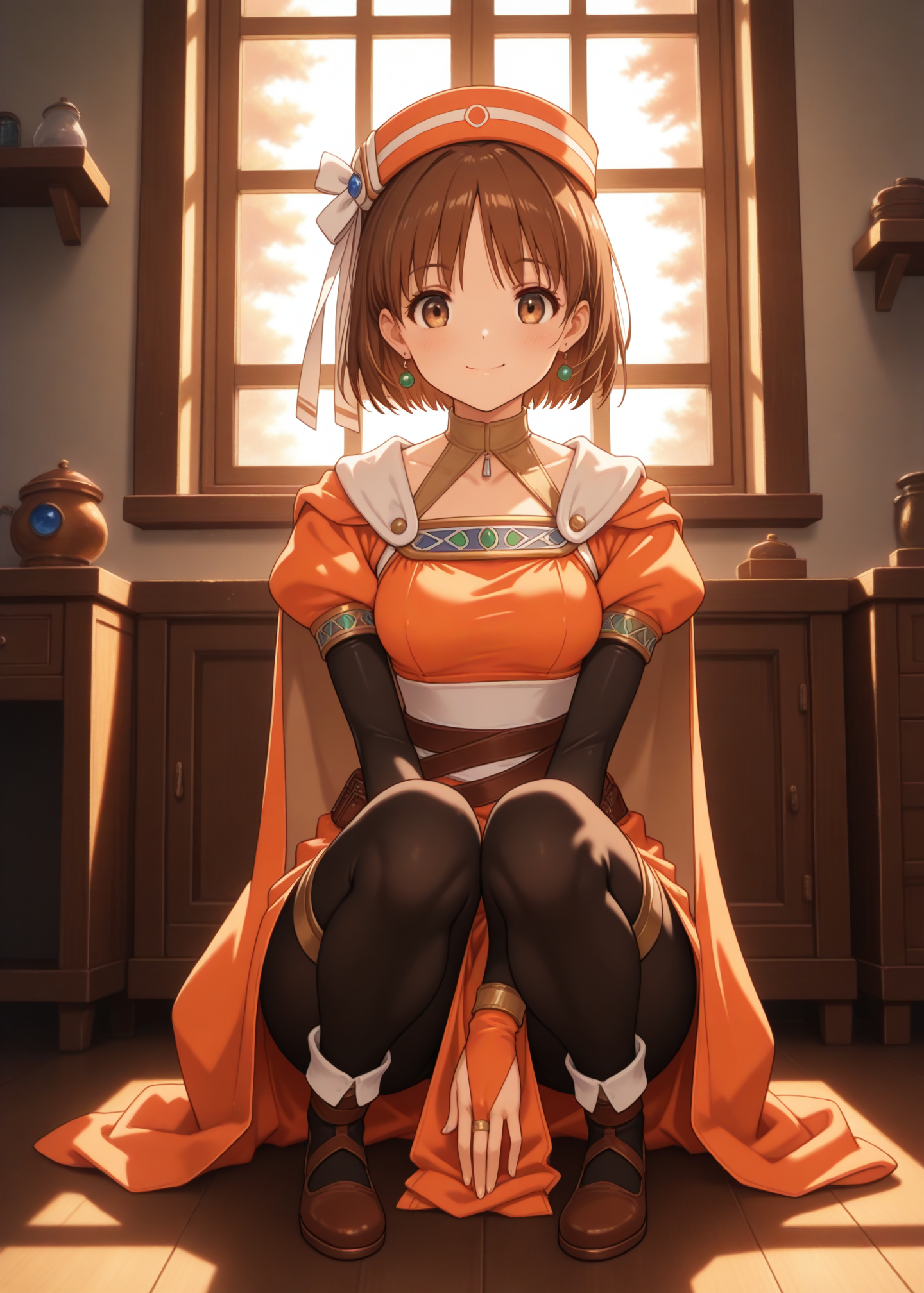 masterpiece,best quality,newest, 1girl,solo,looking at viewer, knees to chest,,fantasy,indoor,window, morning, full body, kneeling,
<lora:Elfir_Traum_ilxl_v1.2:0.9>,e_hat,elfir_traum,short hair,brown hair,brown eyes,e_clothes,bridal gauntlets,black_pantyhose, medium breasts, smile,posing,<lora:waiSHUFFLENOOB_ePred10:1>