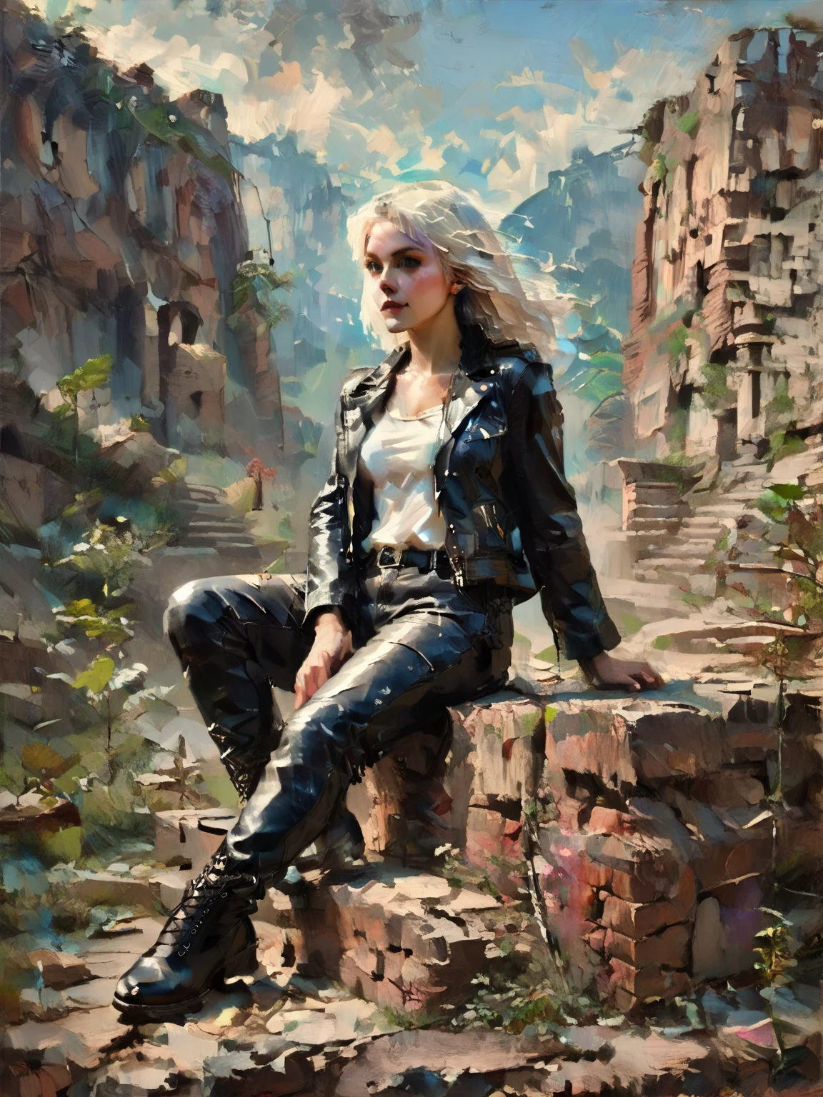 score_9, score_8_up, score_7_up, Environmental scene, character off to side, sitting in repose enjoying the view, 1girl, pale skin, medium breasts, Black leather jacket, black leather pants, black riding boots, white highlights, Long white hair, young face, <lora:OilpaintIMP:1> 0cmtr1g, 0cm, 0cm1sc, 4rch, The fall of ancient power, the towers topple, the ruins return, and she remains,highly detailed