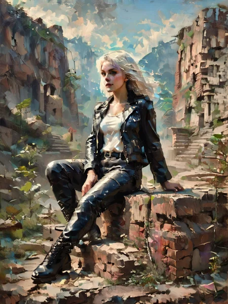 score_9, score_8_up, score_7_up, Environmental scene, character off to side, sitting in repose enjoying the view, 1girl, pale skin, medium breasts, Black leather jacket, black leather pants, black riding boots, white highlights, Long white hair, young face, <lora:OilpaintIMP:1> 0cmtr1g, 0cm, 0cm1sc, 4rch, The fall of ancient power, the towers topple, the ruins return, and she remains,highly detailed