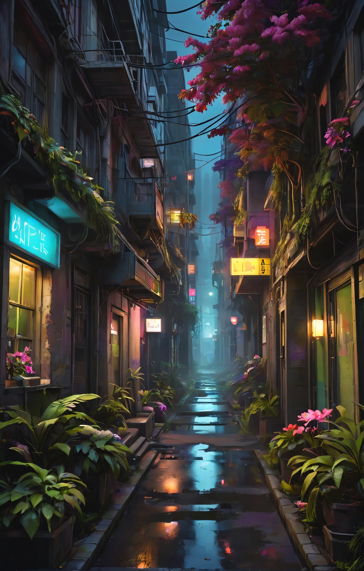 Cyberpunk aesthetic, a beautiful alley, urbex, city, crystal, flowers, architecture, island, at night, at dusk, neon noir, apocalyptic, forest, magic, at spring, rainforest, vibrant colors, stunning detailed background. dark and moody, a mesmerizing blend of light and shadow. masterpiece, absurdres, intricate details